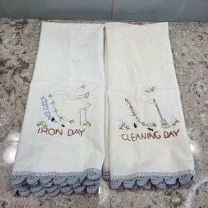 Vintage Hand Embroidered Tea Towels Sunbonnet Sue Iron & Cleaning Day Set of 2